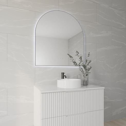 Allan Arched Matte Black Framed LED Bathroom Mirror with Wave Motion Sensor