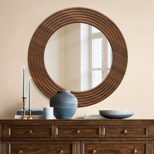 Karijini Natural Wooden Round Wall Mirror - Ribbed Timber Frame Modern Rustic Mirror