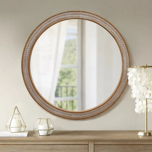 Coolangatta Wooden Beaded Frame Natural Round Wall Mirror