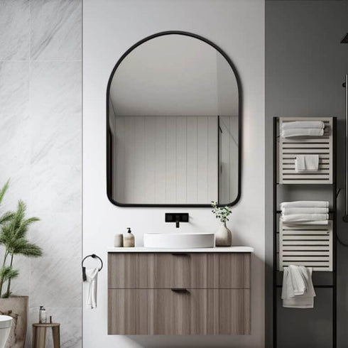 Black arched wall mirror for bathroom, bedroom, or hallway décor