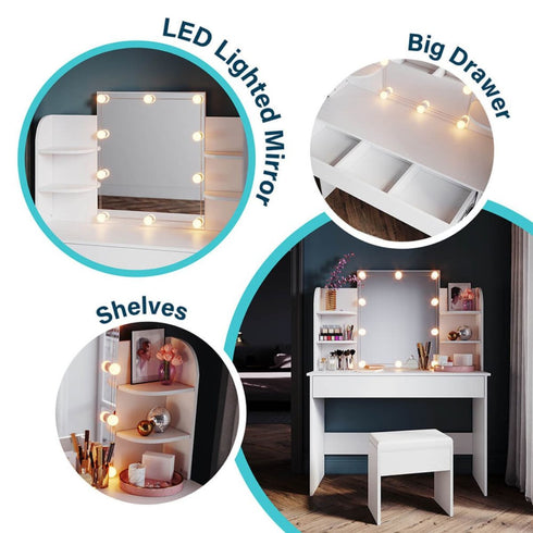 Sarika White LED Vanity Mirror With Dressing Table