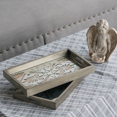 Rosa Rectangular Set of 2 Antiqued Mirror Trays
