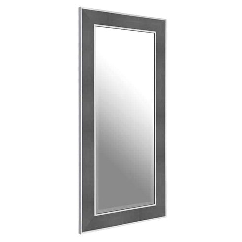 Tall rectangular stainless steel mirror with modern grey leather detailing