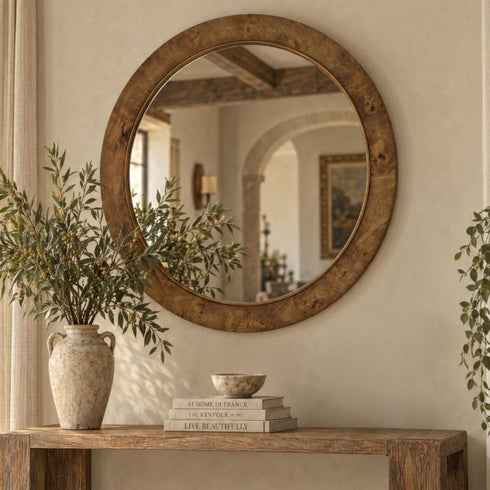 Claridel Wood Round Wall Mirror - Brown Frame 95cm