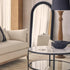 Full-length Flora Black Arched Wall Mirror, 82cm wide, styled in living room