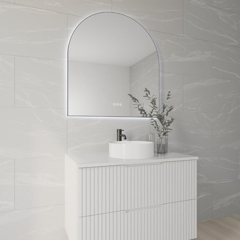 Allan Framed Anti-Fog LED Arched Bathroom Mirror - Matte Black with Optional Bluetooth Speaker