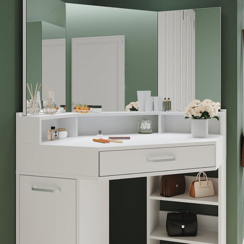 Evora White Corner Dressing Table with Triple Mirror & Storage - Makeup Vanity with Drawers