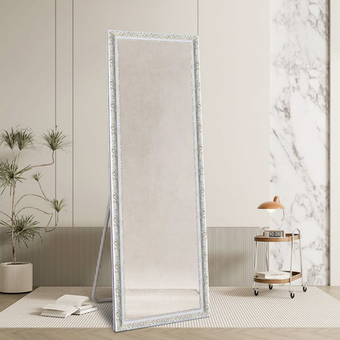 Ceduna White Wood Full Length Mirror with Gold Accents - Freestanding Rectangular Mirror