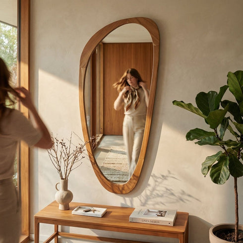 Paloma Organic Teak Wood Wall Mirror - Pebble Shape Natural Frame