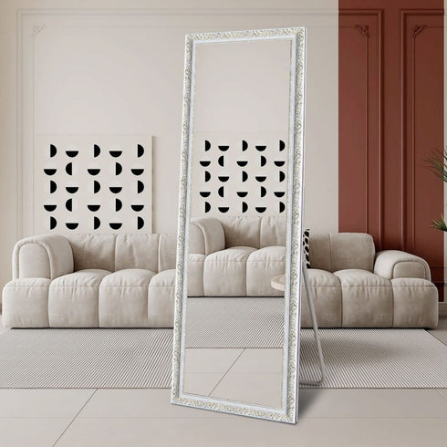 Ceduna White Wood Full Length Mirror with Gold Accents - Freestanding Rectangular Mirror