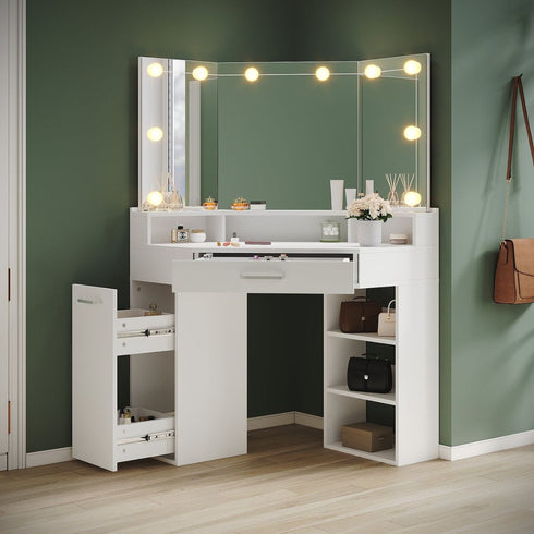 Evora White Corner Dressing Table with Triple Mirror & Storage - Makeup Vanity with Drawers