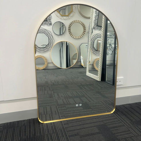 Meroo Arched Antifog Backlit LED Gold Wall Mirror