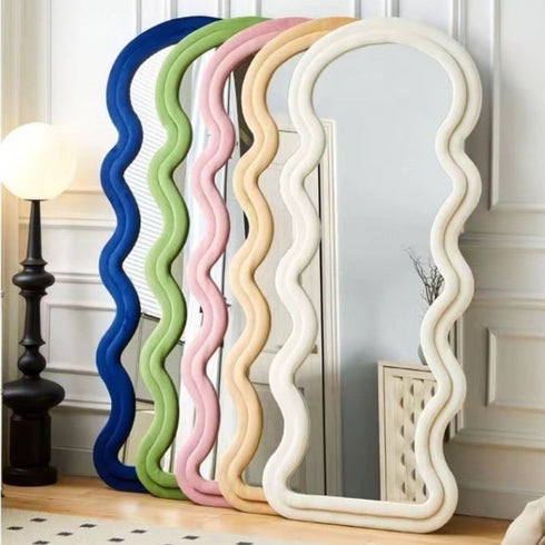 Quinn Wavy Velvet Frame Beige Wall Mirror