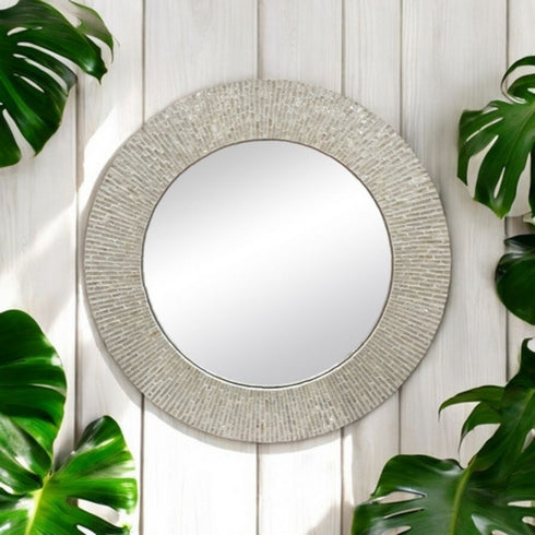 Sable Pearl Textured Coastal Modern Round Wall Mirror