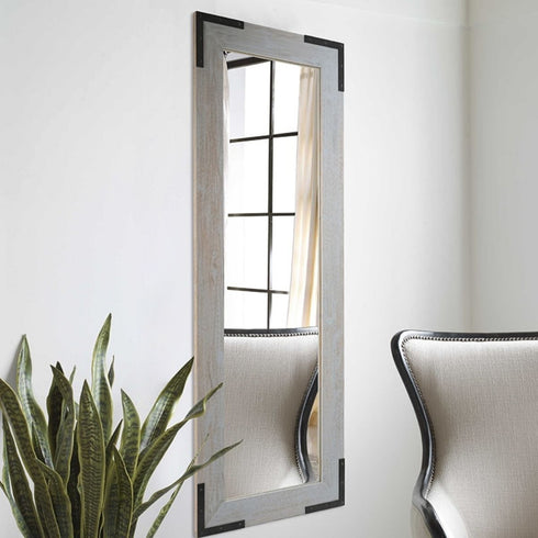 Side profile of Spiegel Modern Full Height Mirror with slim silver grey stainless steel frame