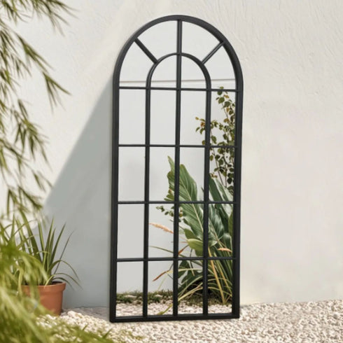 Bailey Arched Metal Grid Industrial Window Black Wall Mirror