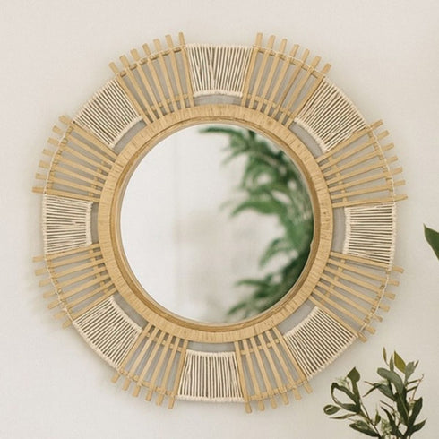 Susana Rattan Wall Mirror - Round Coastal Boho Mirror with Natural Frame