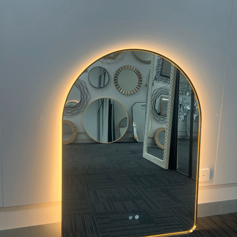 Meroo Arched Antifog Backlit LED Gold Wall Mirror