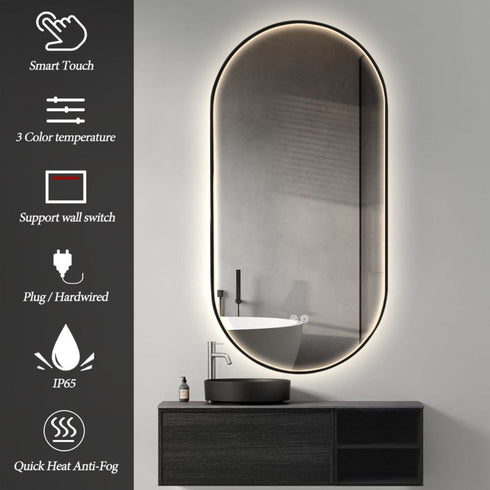 Maria Oval Frontlit LED Black Bathroom Wall Mirror