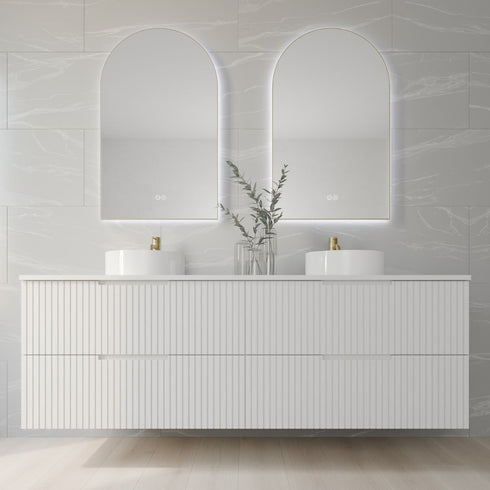 Allan Framed Anti-Fog LED Arched Bathroom Mirror - Brushed Gold with Optional Bluetooth Speaker