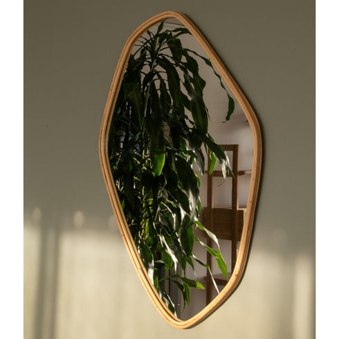 Indra Natural Rattan Pebble Wall Mirror - Organic Shape Light Beige Decorative Mirror
