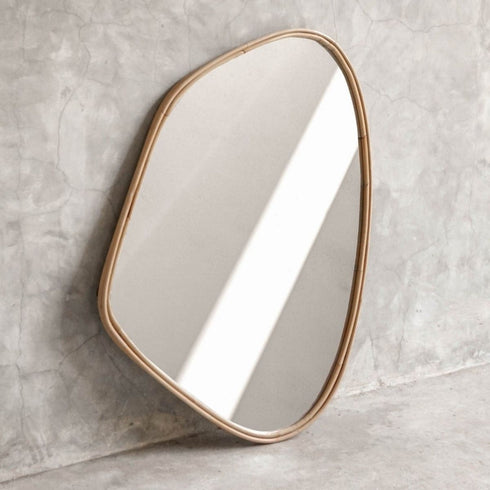 Onyx Natural Rattan Pebble Shape Wall Mirror - Light Beige Organic Decorative Mirror