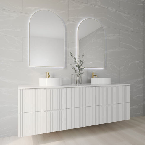 Allan Framed Anti-Fog LED Arched Bathroom Mirror - Brushed Gold with Optional Bluetooth Speaker