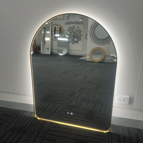 Meroo Arched Antifog Backlit LED Gold Wall Mirror