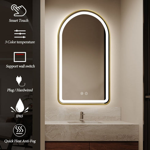 Byron Arched Frosted LED Gold Wall Mirror