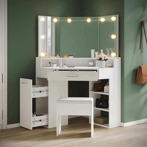 Evora White Corner Dressing Table with Triple Mirror & Storage - Makeup Vanity with Drawers