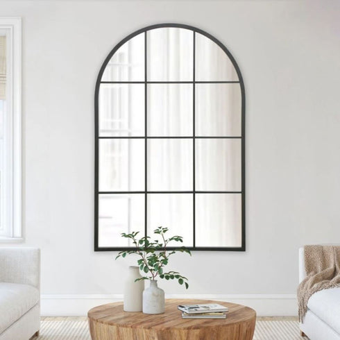 Jordan Arched Window Frame Black Metal Grid Industrial Wall Mirror