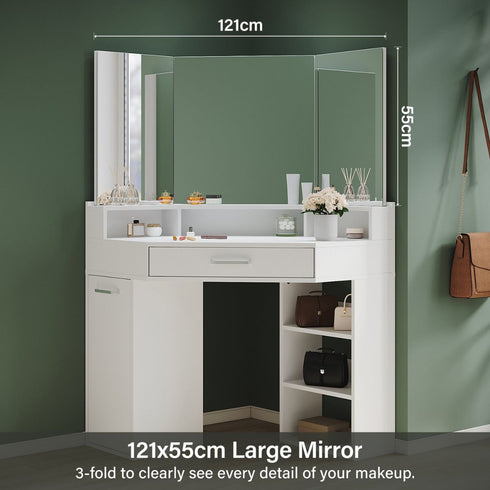 Evora White Corner Dressing Table with Triple Mirror & Storage - Makeup Vanity with Drawers