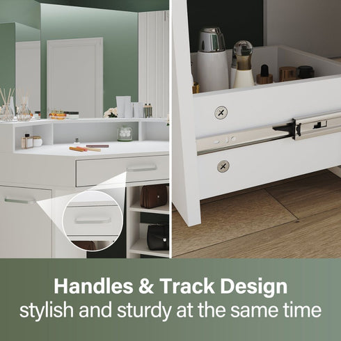 Evora White Corner Dressing Table with Triple Mirror & Storage - Makeup Vanity with Drawers