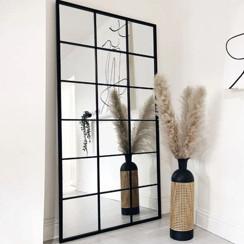 Uriah Full Length Black Frame Wall Mirror - Industrial Grid Window Frame Mirror