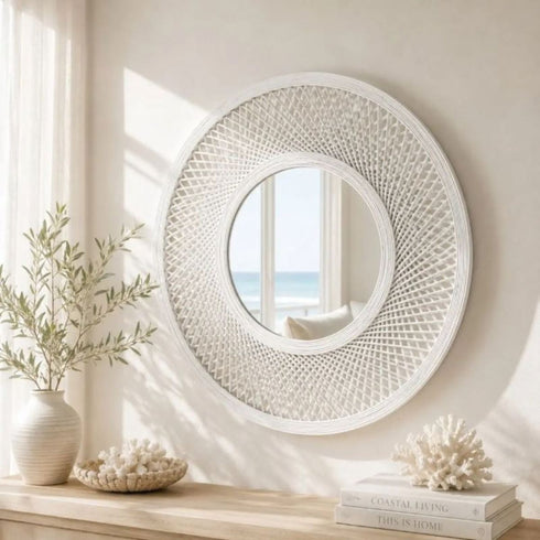 Yallingup Eclipse Cross Weave White Woven Frame Round Wall Mirror