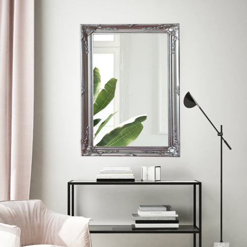 Felicity Ornate Silver Wall Mirror 90x115cm displayed above a console table