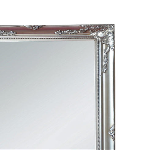 Close-up of the ornate silver frame on the Felicity 90x115cm wall mirror