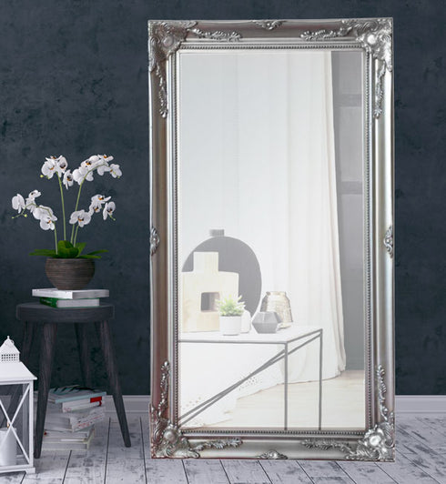 Felicity Ornate Silver Wall Mirror 190x114cm styled in a contemporary living room