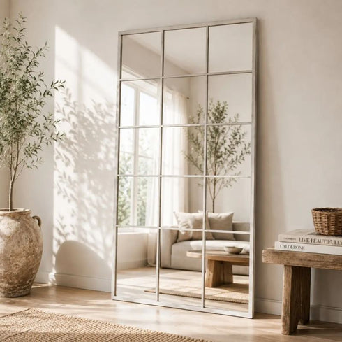 Haze Large Industrial Grid White Wall Mirror - Window Style Metal Frame Mirror