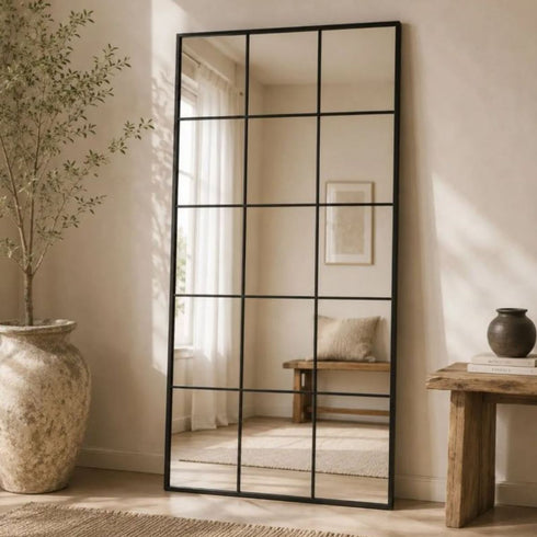 Uriah Full Length Black Frame Wall Mirror - Industrial Grid Window Frame Mirror