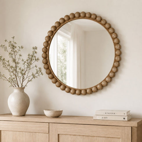 Ember Beaded Natural Wood Round Mirror