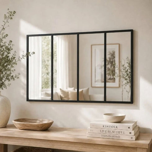 Thredbo Black 4 Panel Window Frame Wall Mirror - Large Industrial Grid Mirror