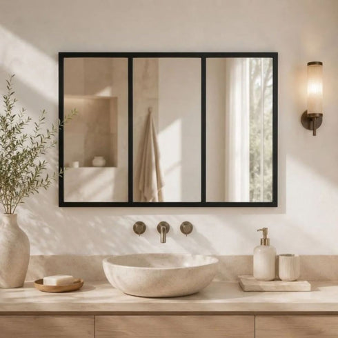 Kiama Black 3 Panel Window Frame Wall Mirror - Industrial Grid Decorative Mirror