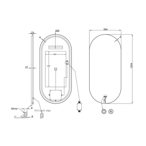 Cameryn Pill Shaped Anti-Fog LED Bathroom Mirror - Brushed Gunmetal Frame with Optional Bluetooth Speaker