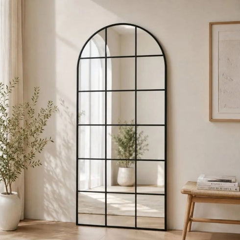 Ella Arched Large Black Wall Mirror - Multi-Pane Grid Design