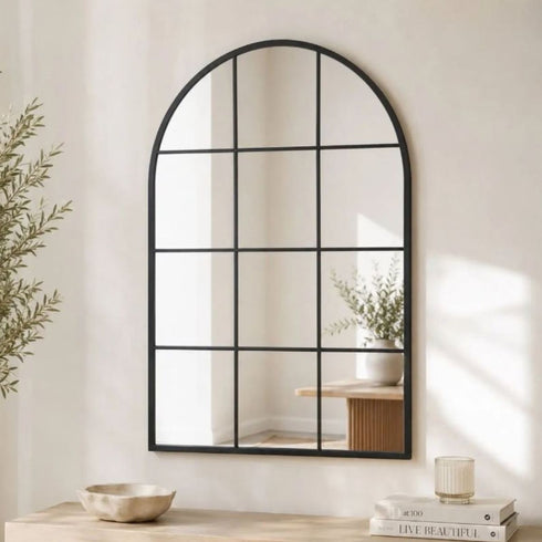 Jordan Arched Window Frame Black Metal Grid Industrial Wall Mirror