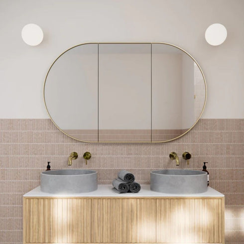 Noelle 3-Door Satin Brass Pill Mirror Cabinet