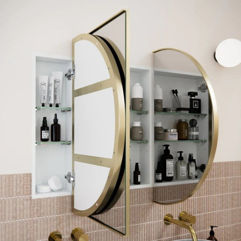 Noelle 3-Door Satin Brass Pill Mirror Cabinet