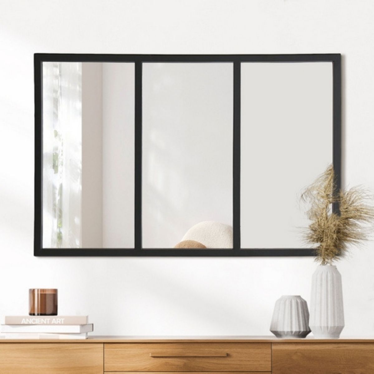 Kiama Black 3 Panel Window Frame Wall Mirror - Industrial Grid Decorat ...